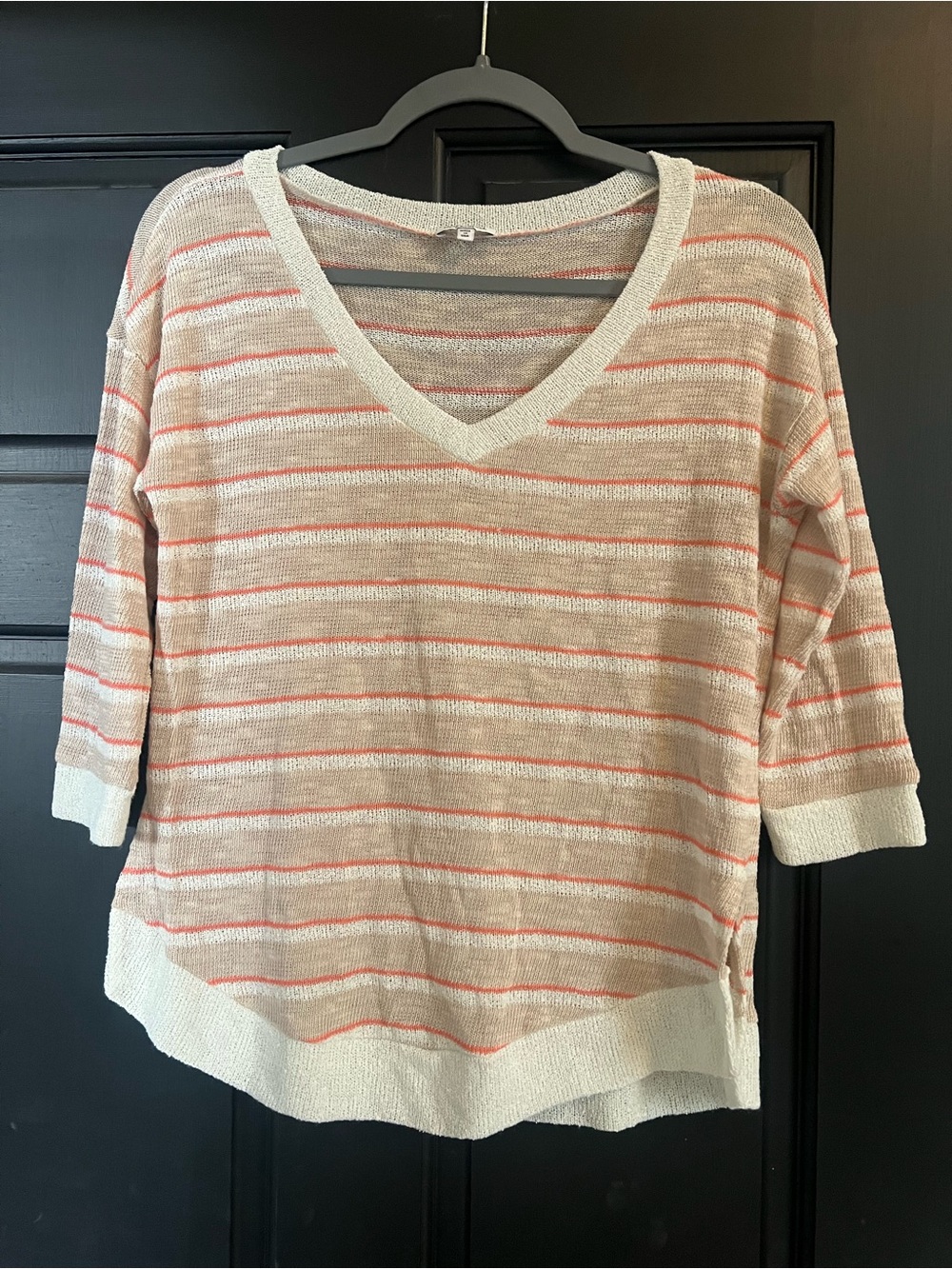 Splendid Cream and Coral Striped V-Neck Sweater